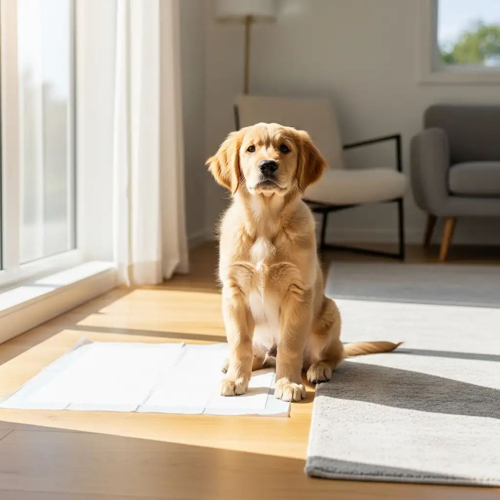 깨끗한 거실 환경에서 배변 패드 옆에 얌전하게 앉아 배변 훈련을 준비하고 있는 새끼 강아지의 모습