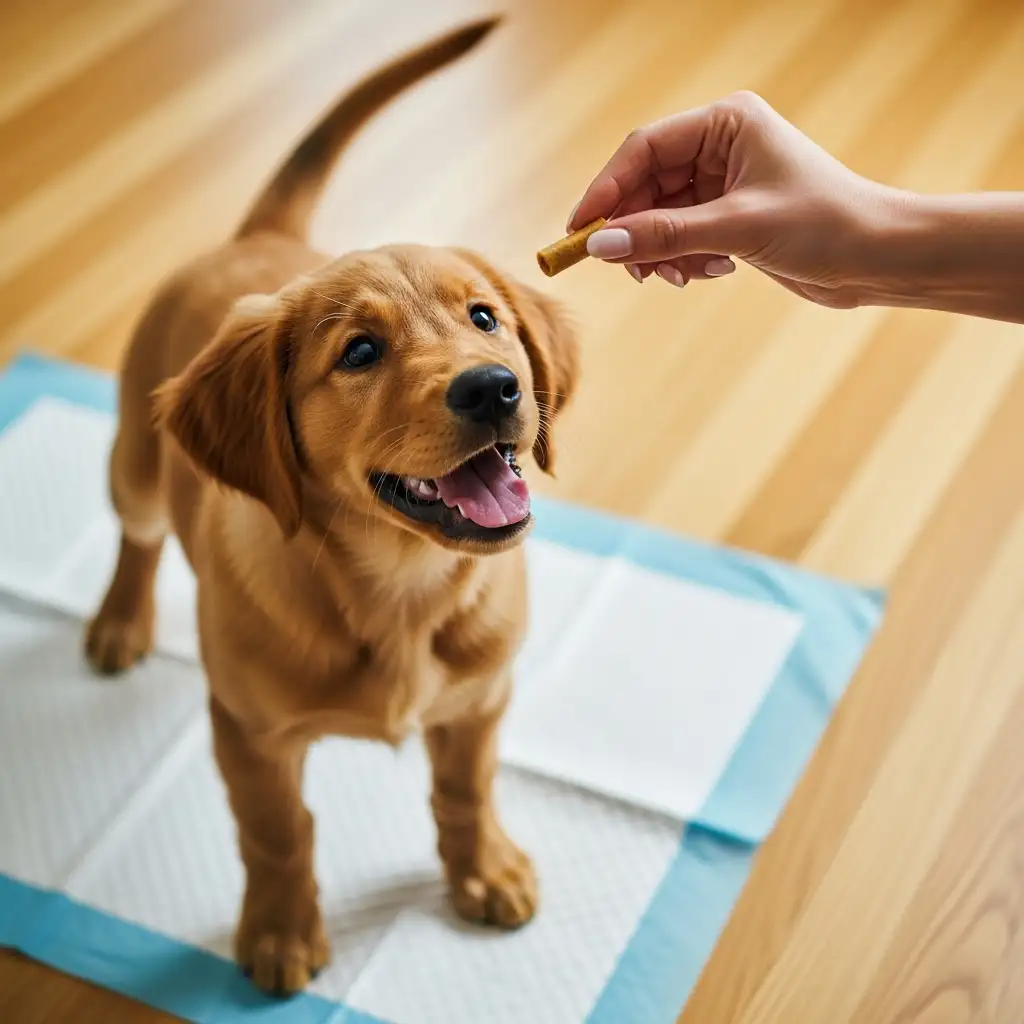 배변 패드 위에서 성공적으로 볼일을 마친 강아지에게 보호자가 간식을 주며 칭찬하는 긍정 강화 훈련 장면