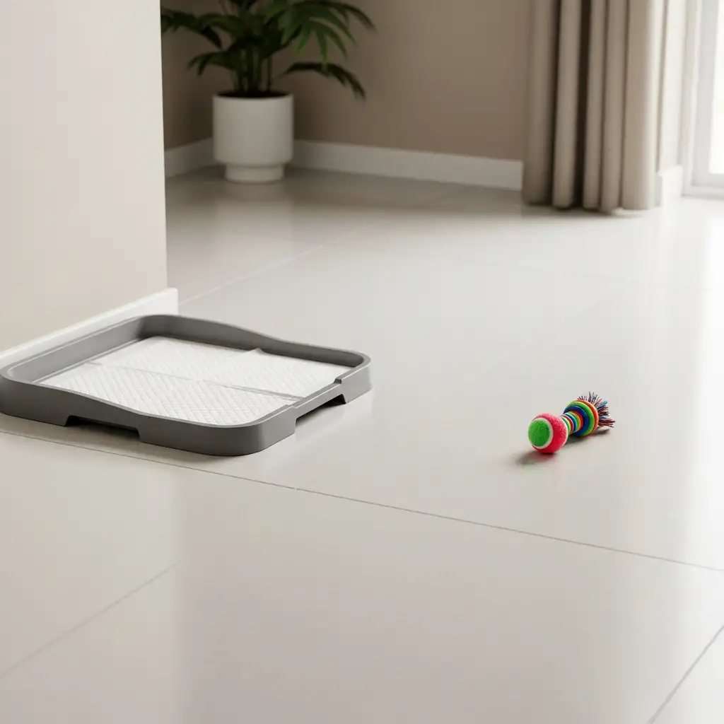 강아지가 화장실과 놀이 공간을 구분할 수 있도록 깔끔하게 정리된 실내 배변 구역과 주변 환경