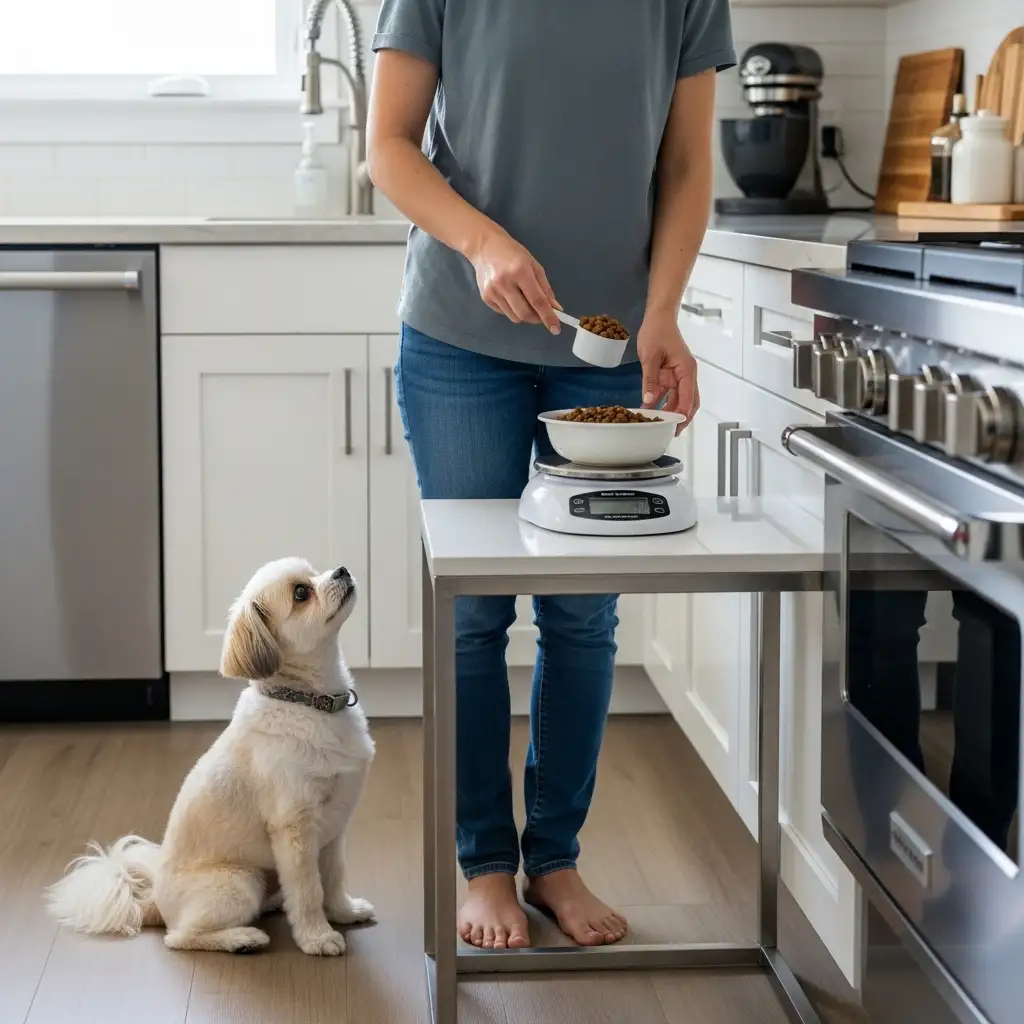 반려동물의 건강한 체중 관리를 위해 디지털 저울로 사료 양을 정확하게 측정하는 모습