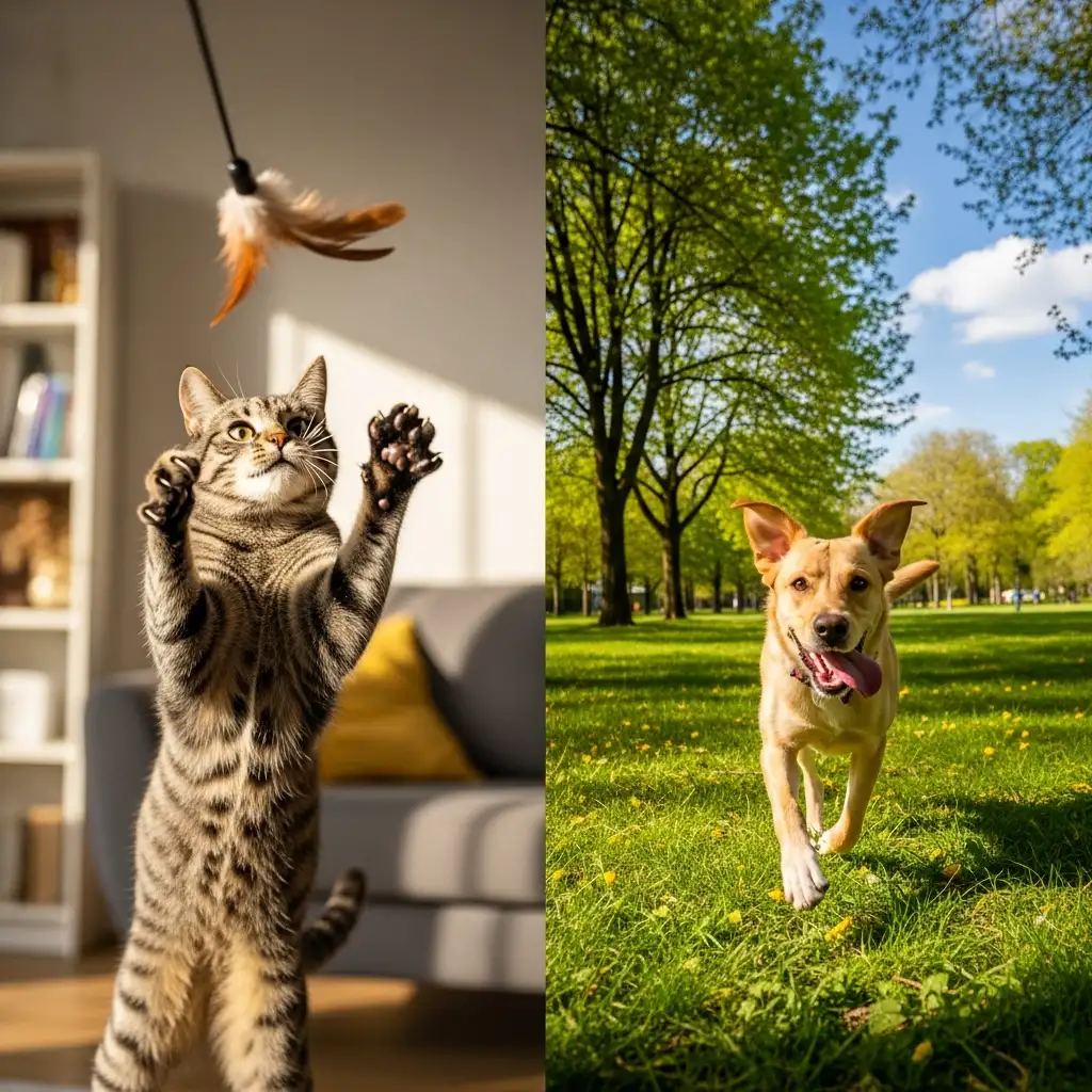 실내에서 사냥 놀이를 즐기는 고양이와 야외에서 즐겁게 뛰어노는 강아지의 운동 모습