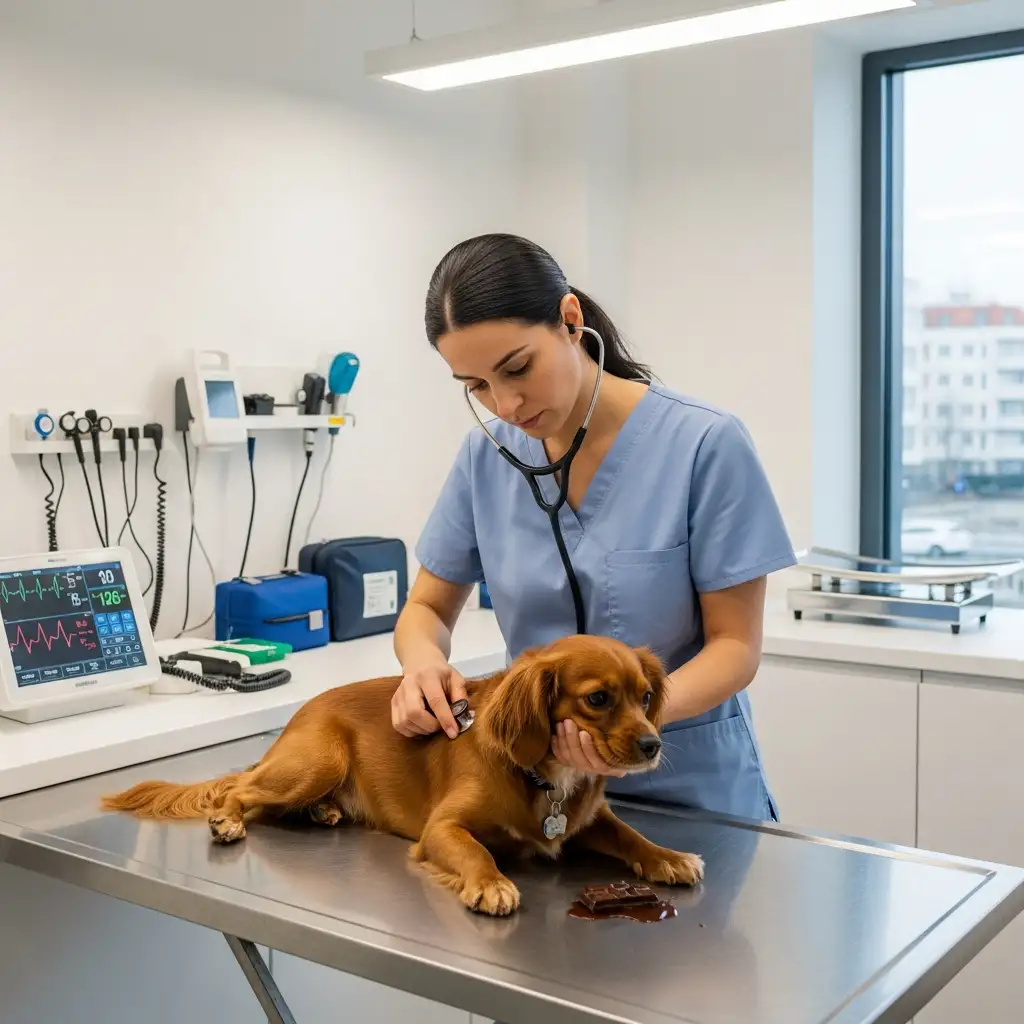 동물병원에서 수의사가 초콜릿을 섭취한 강아지의 심박수와 상태를 정밀하게 체크하며 진료하는 모습입니다