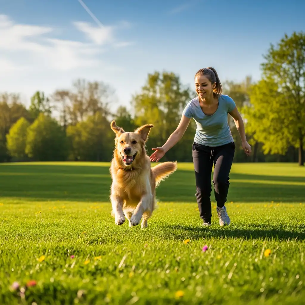 적절한 응급처치와 치료를 받고 회복하여 공원에서 주인과 함께 즐겁게 뛰어노는 건강한 강아지입니다