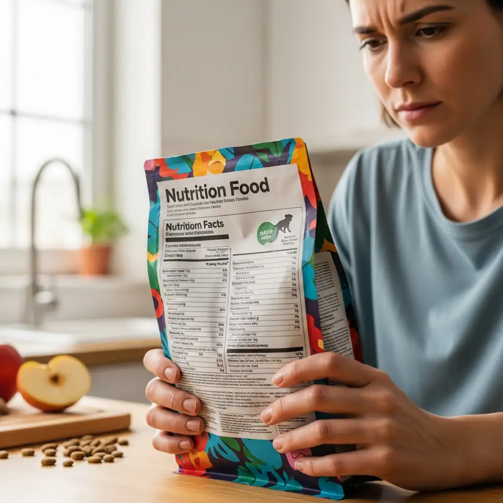 반려견의 건강을 위해 사료 성분표를 꼼꼼하게 확인하며 식이 조절을 실천하는 보호자의 모습입니다.