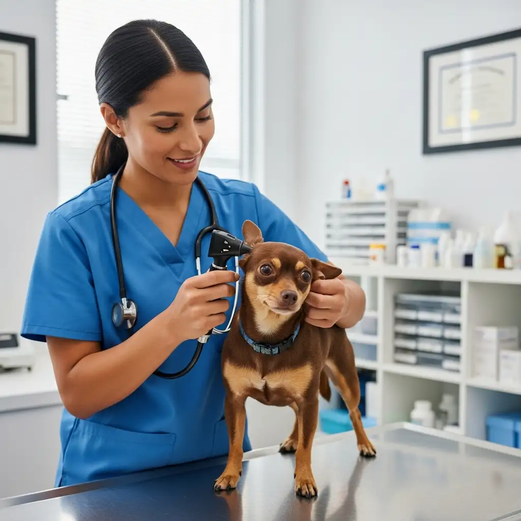 강아지가 위험한 음식을 먹었을 때 즉시 동물병원을 방문하여 수의사의 진찰을 받는 장면입니다.