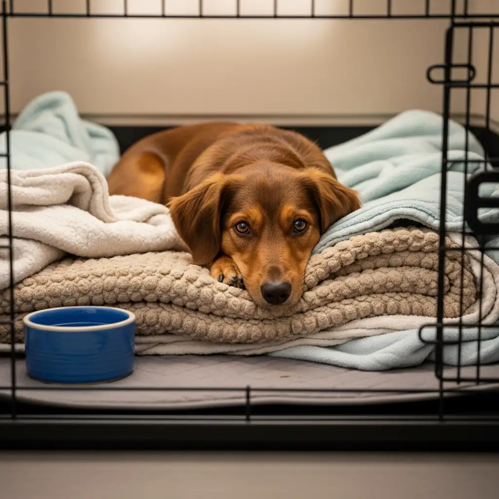 디스크 회복을 위해 케이지 안에서 안정을 취하며 케이지 레스트를 실천 중인 강아지의 모습입니다.