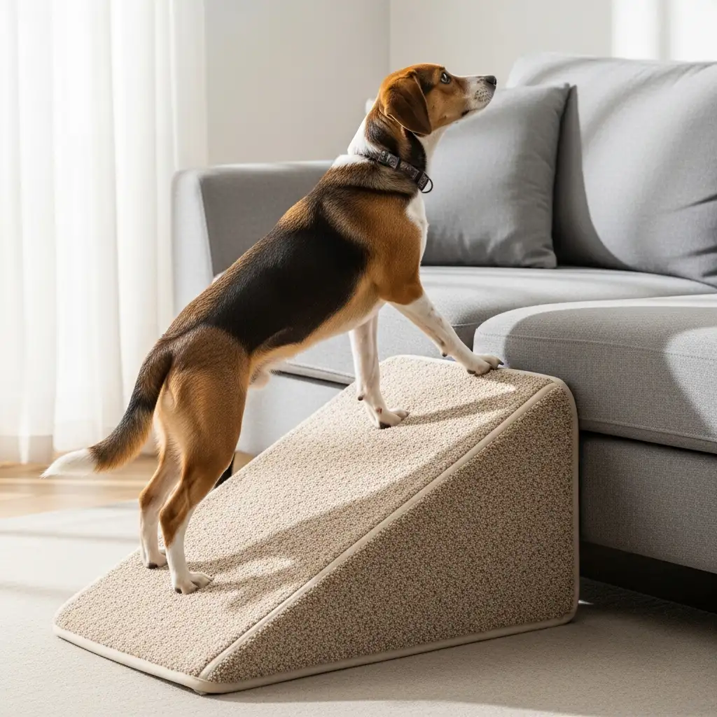 척추 건강을 위해 점프 대신 전용 슬라이드 경사로를 이용하여 소파를 오르내리는 강아지입니다.