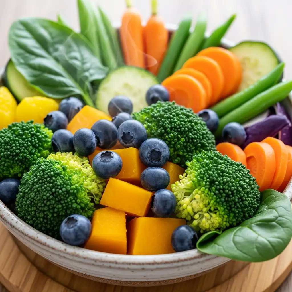 강아지 간 건강에 도움을 주는 단호박 브로콜리 블루베리 등 신선한 식재료가 담긴 그릇의 모습입니다