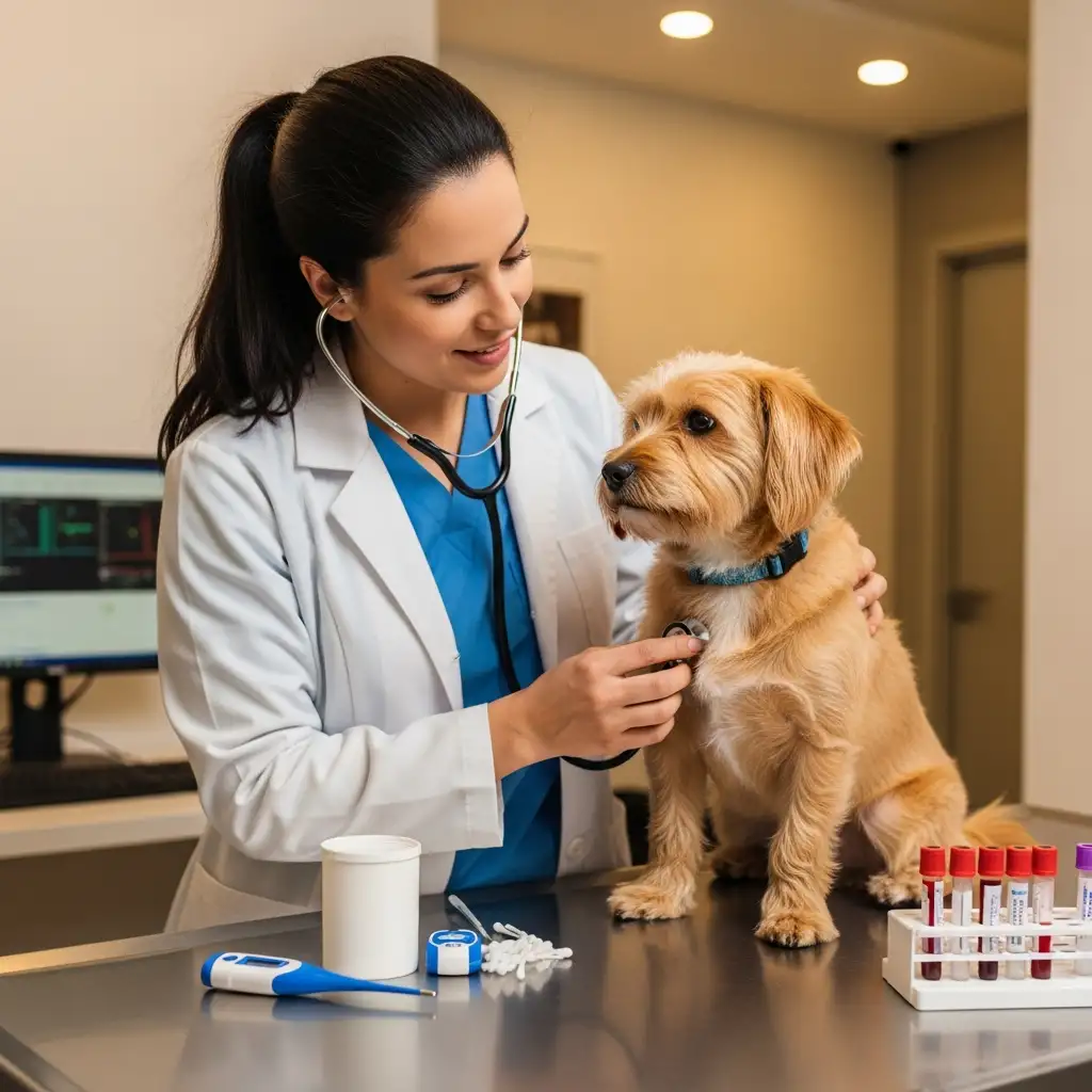 동물병원에서 수의사가 강아지의 상태를 세밀하게 검진하며 간 수치와 건강 상태를 확인하는 모습입니다