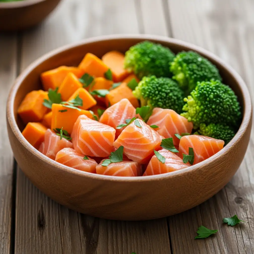 반려견의 건강과 면역력 증진에 도움을 주는 연어, 고구마, 브로콜리 등 신선한 강아지 영양 식재료들을 정성스럽게 담은 모습