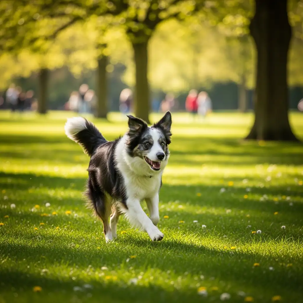 적정 체중 유지를 위해 공원에서 활기차게 뛰어놀며 건강 관리를 하고 있는 성견 보더콜리의 건강한 모습