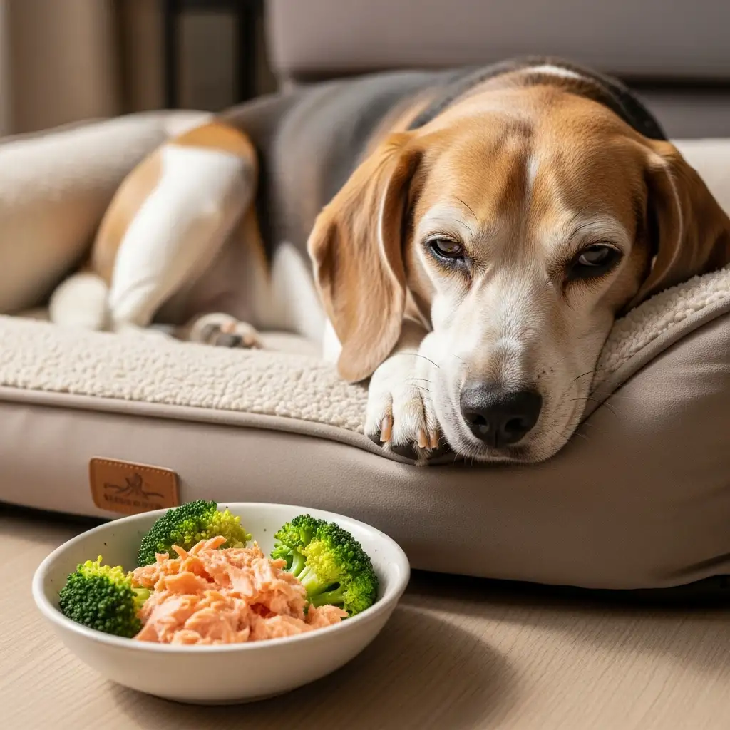 노령견의 관절과 면역력을 위해 준비한 연어와 브로콜리 보양식을 곁에 두고 편안하게 쉬고 있는 비글의 모습