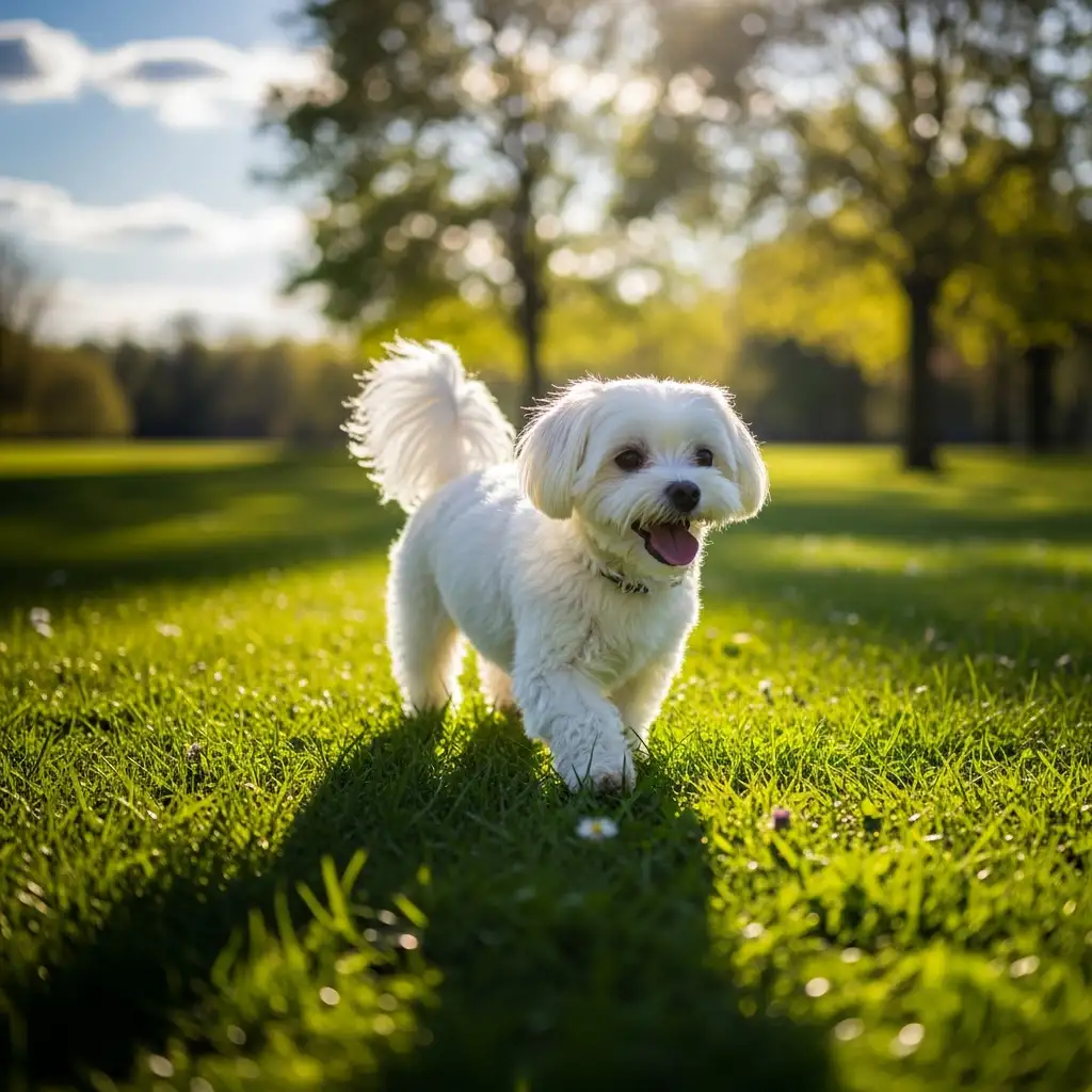 따뜻한 햇살 아래 초록색 잔디밭에서 즐겁게 산책하며 면역력을 높이고 있는 하얀색 말티즈 강아지