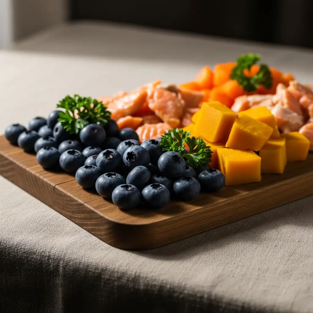 강아지에게 좋은 슈퍼푸드인 블루베리, 찐 단호박, 익힌 연어가 나무 도마 위에 깔끔하게 차려진 모습입니다.