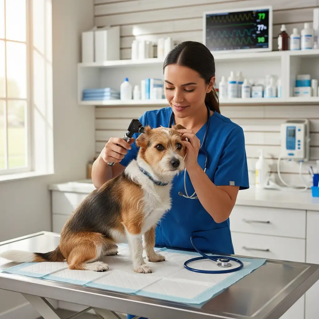 현대적인 동물 병원에서 수의사가 작은 강아지의 귀와 심장 박동을 꼼꼼하게 검진하고 있는 모습입니다.