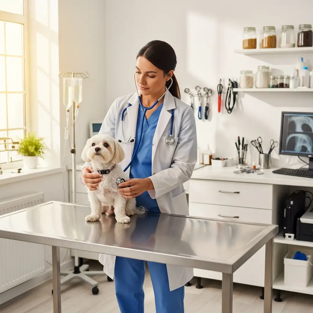 밝고 깨끗한 동물병원에서 수의사에게 정기 건강검진을 꼼꼼하게 받고 있는 작고 귀여운 하얀색 강아지