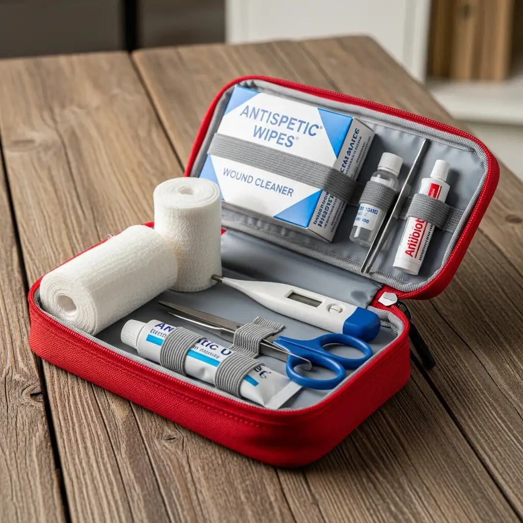 반려견의 안전과 응급 상황에 대비하여 붕대와 소독제 등이 잘 갖춰진 가정용 반려동물 구급상자