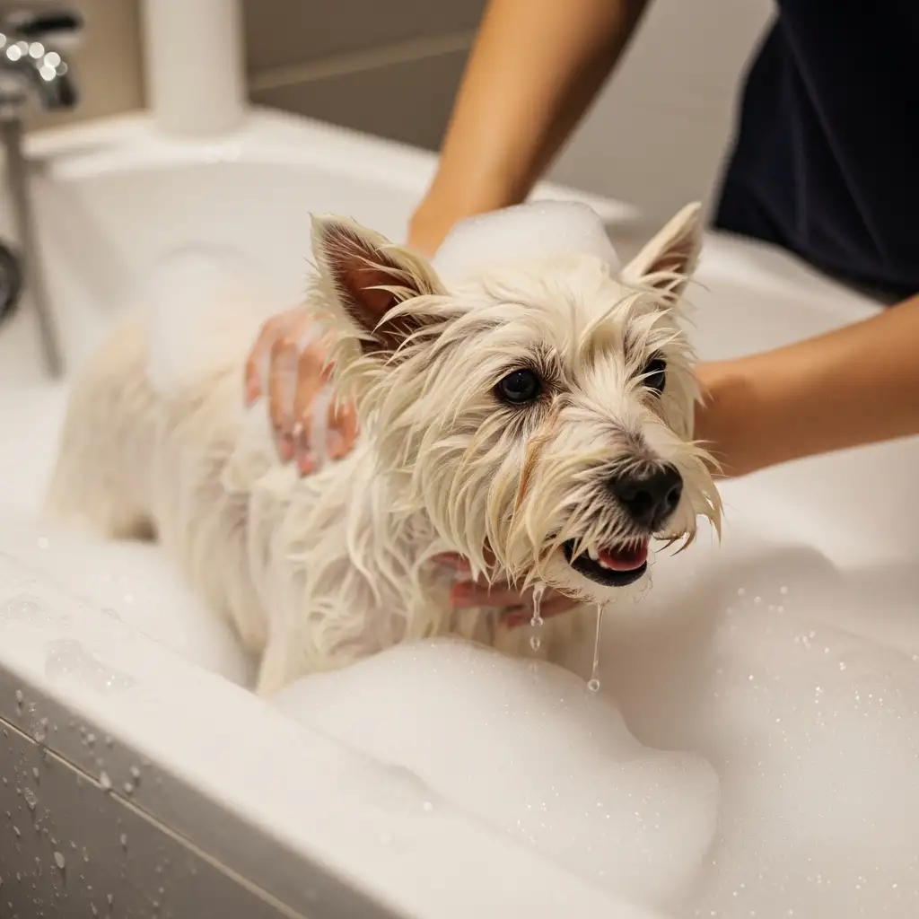 강아지샴푸를 사용하여 부드럽게 목욕을 시키는 모습으로 올바른 강아지피부관리를 설명하는 이미지입니다