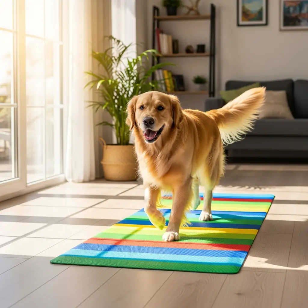 거실 바닥에 깔린 미끄럼 방지 매트 위를 안전하게 걷고 있는 반려견의 모습으로 슬개골 탈구 예방을 위한 환경 조성을 설명합니다