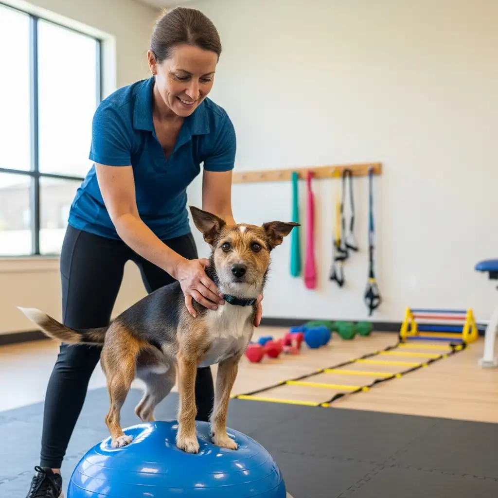 전문가와 함께 밸런스 볼 위에서 근육 강화 운동을 하고 있는 강아지의 모습으로 재활 운동의 중요성을 강조합니다