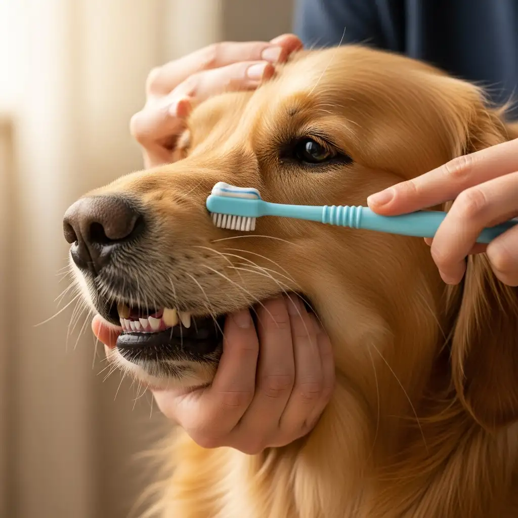 반려견 전용 칫솔을 사용하여 강아지의 치아를 부드럽게 닦아주는 모습은 치주염과 입냄새를 예방하는 가장 효과적인 방법입니다.