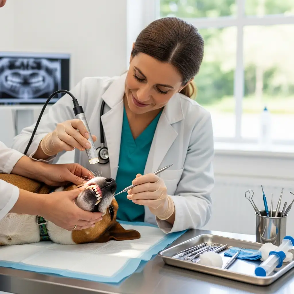 수의사가 전문 장비를 사용하여 강아지의 구강 상태를 꼼꼼하게 검진하고 스케일링 필요성을 확인하는 과정입니다.