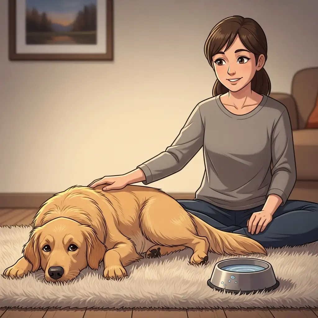 강아지가 발작 후 안정을 취하고 있는 모습과 옆에서 차분하게 지켜보는 보호자의 모습입니다.