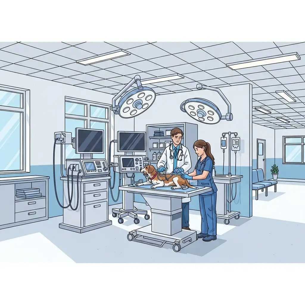 강아지 응급 상황 시 신속한 처치가 가능한 깨끗하고 전문적인 동물병원의 내부 모습입니다.