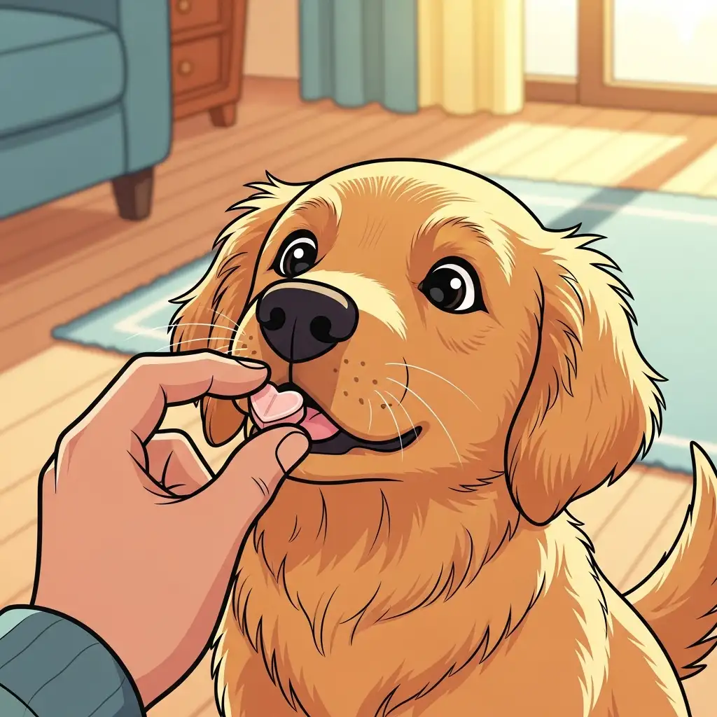 보호자가 밝은 거실에서 골든 리트리버 강아지에게 맛있는 츄어블 형태의 심장사상충 예방약을 챙겨주고 있는 모습입니다.