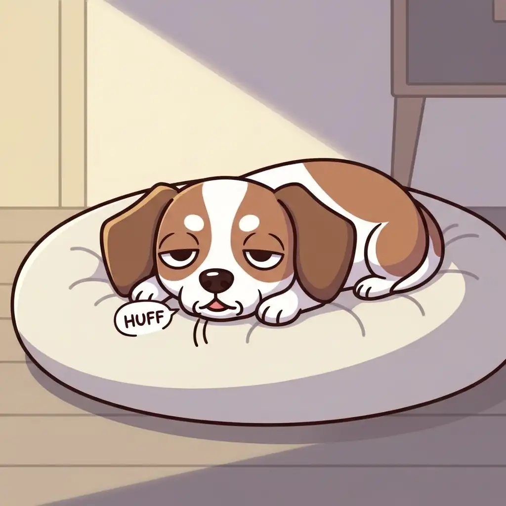 심장사상충 감염으로 인해 기력이 저하되고 가벼운 기침 증상을 보이며 침대에서 쉬고 있는 작은 강아지의 모습입니다.