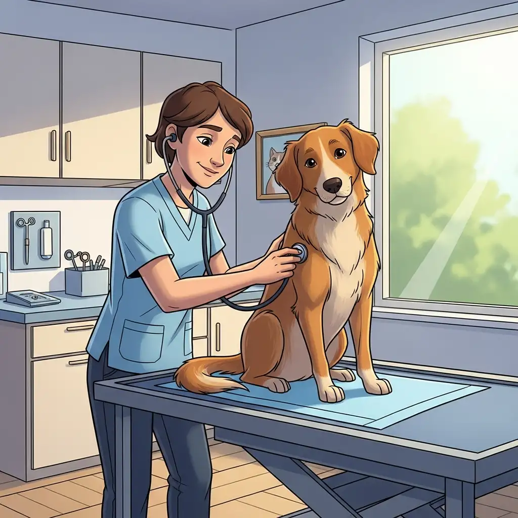 깨끗하고 현대적인 동물 병원에서 수의사가 청진기를 사용하여 강아지의 심장 소리를 꼼꼼하게 체크하고 있는 모습입니다.