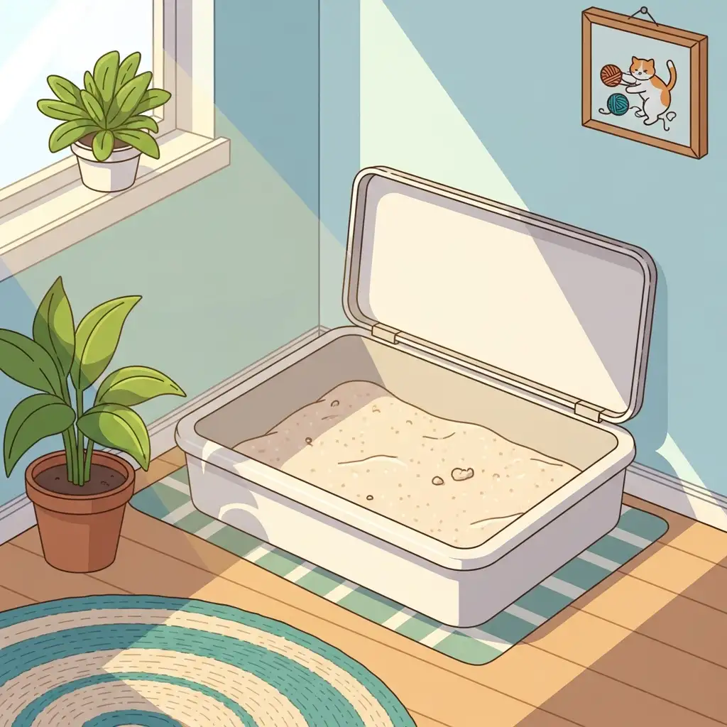 조용한 구석에 배치된 깨끗하고 넓은 고양이 화장실의 모습으로 스트레스 없는 배변 환경 조성을 강조합니다.