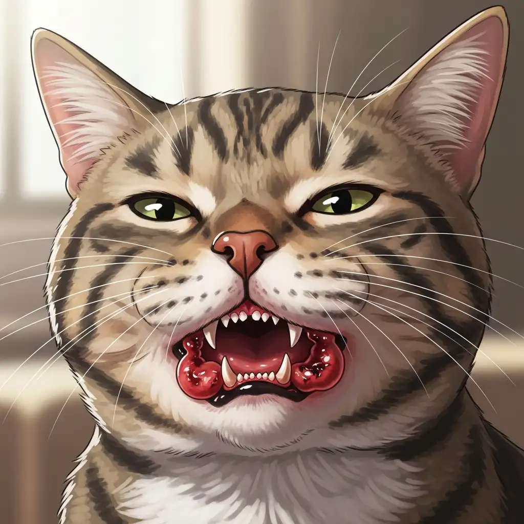 고양이 구내염으로 인해 잇몸이 붉게 부어오르고 통증을 느끼는 고양이의 모습으로 구강 질환의 위험성을 보여줍니다.