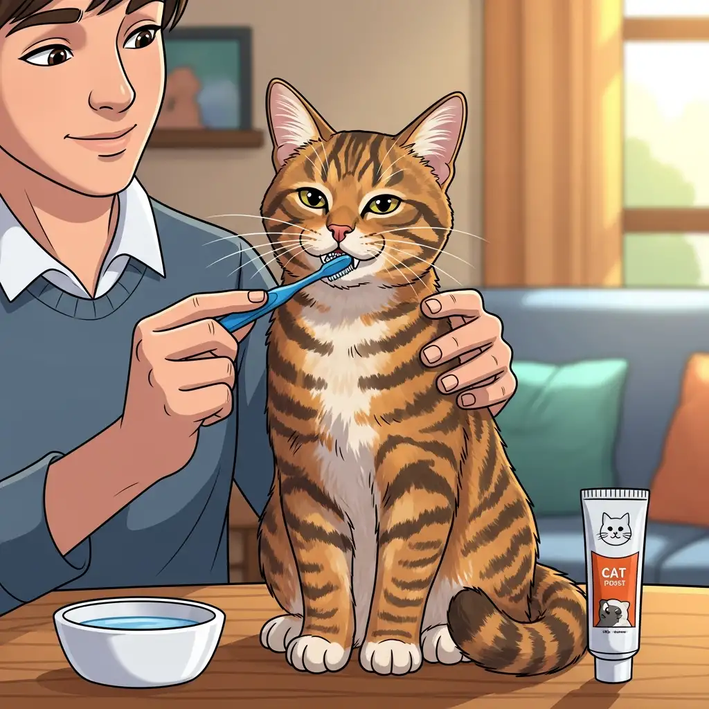 고양이 전용 칫솔을 사용하여 고양이의 치아를 부드럽게 닦아주며 양치질 교육을 하는 모습입니다.