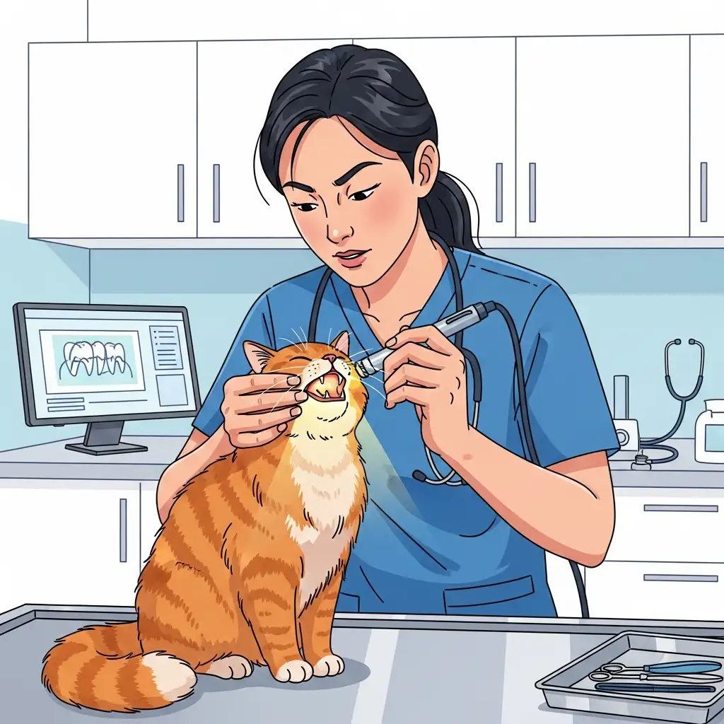 수의사가 고양이의 구강 상태를 꼼꼼하게 검진하며 구내염의 진행 정도를 파악하는 전문적인 진료 장면입니다.