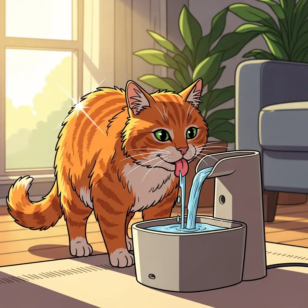 고양이 음수량 확보를 위해 깨끗한 물이 흐르는 전용 음수대를 사용하여 물을 마시고 있는 고양이