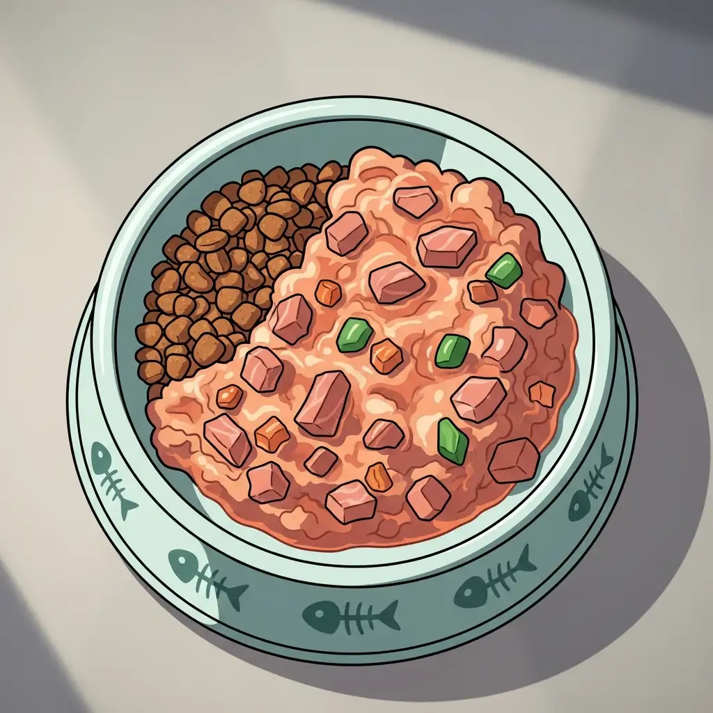 신장 기능 보조를 위해 인과 단백질 함량이 조절된 고양이 신부전 사료와 습식 캔이 담긴 그릇