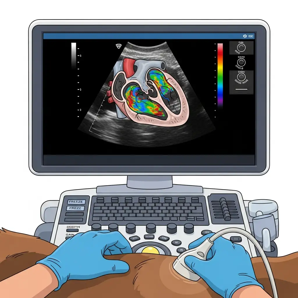 고양이 비대성 심근증 진단을 위해 심장 초음파 검사를 진행하며 모니터를 확인하는 장면