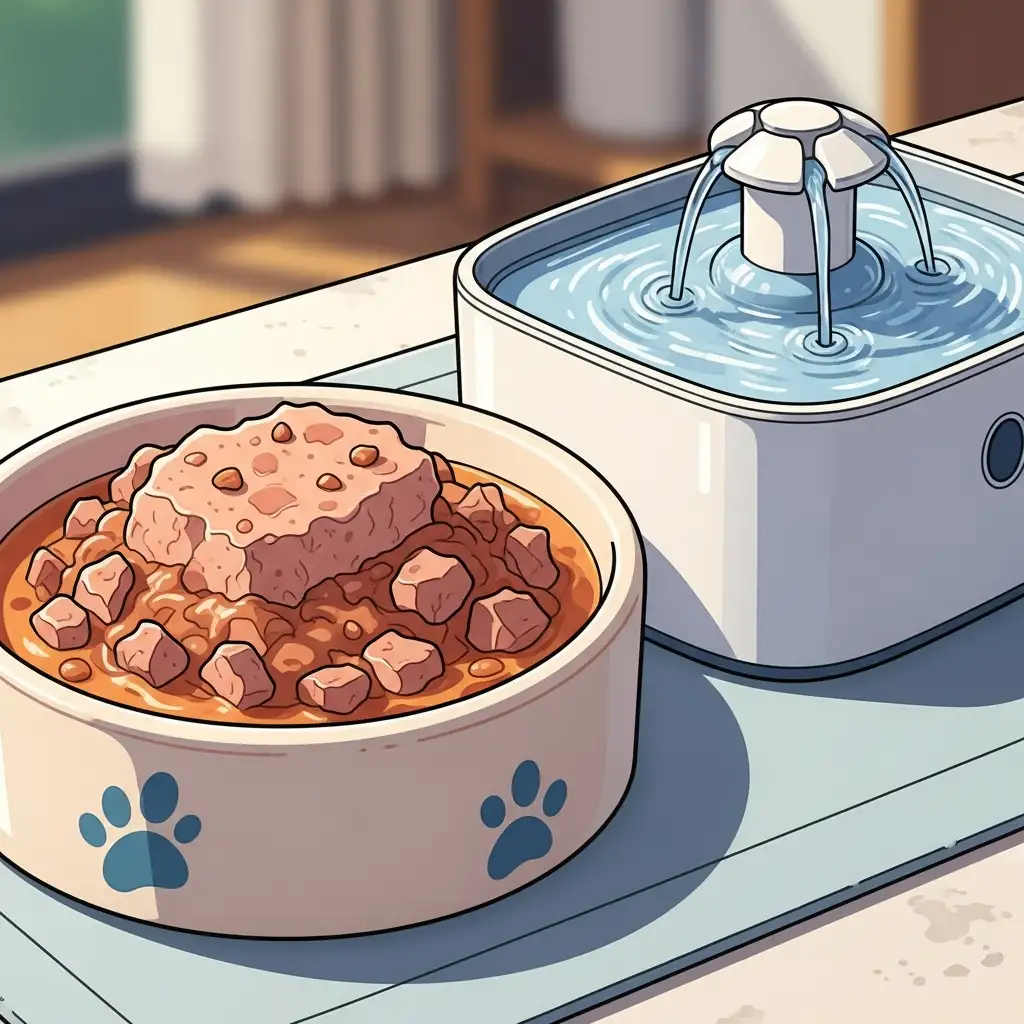 고양이 췌장염 관리를 위한 저지방 습식 사료와 깨끗한 음수대가 준비된 모습