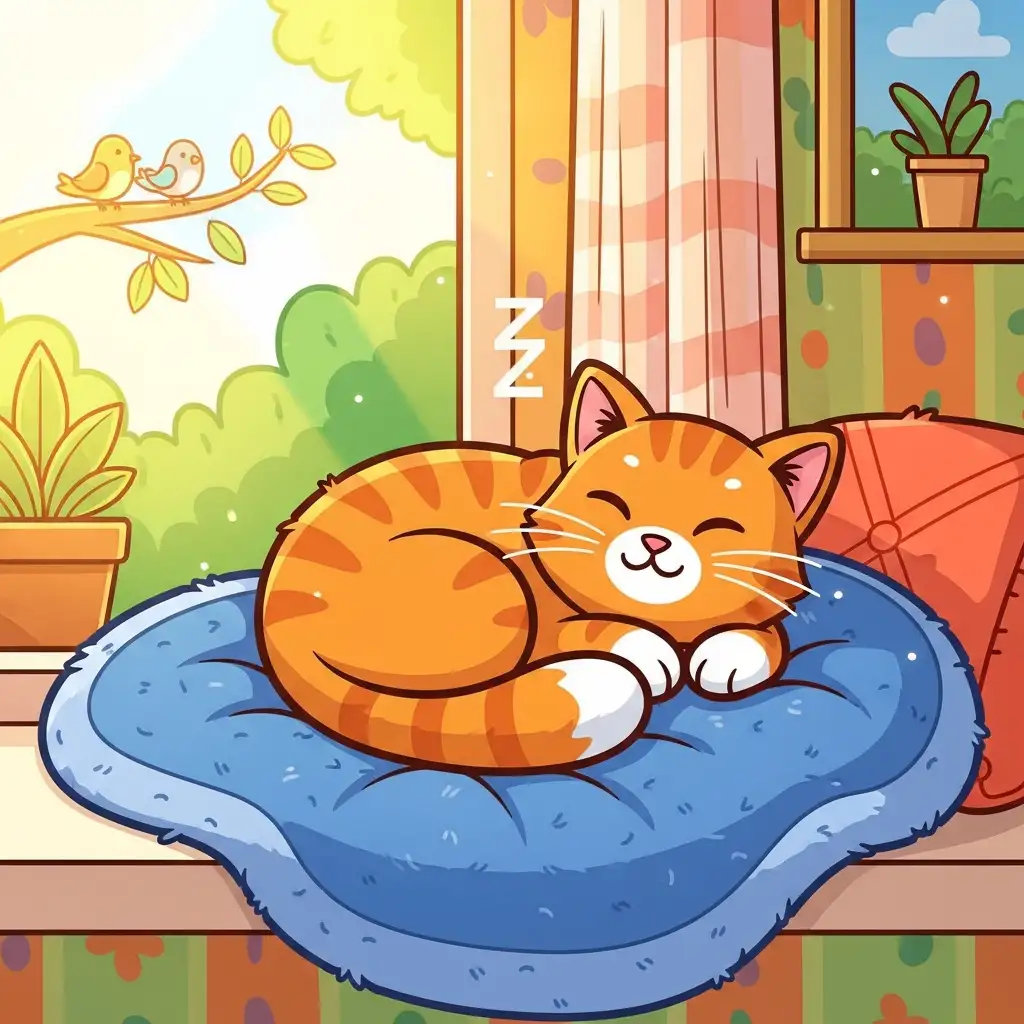 따뜻하고 깨끗한 환경에서 휴식을 취하며 면역력을 회복하고 있는 건강한 고양이의 모습입니다.