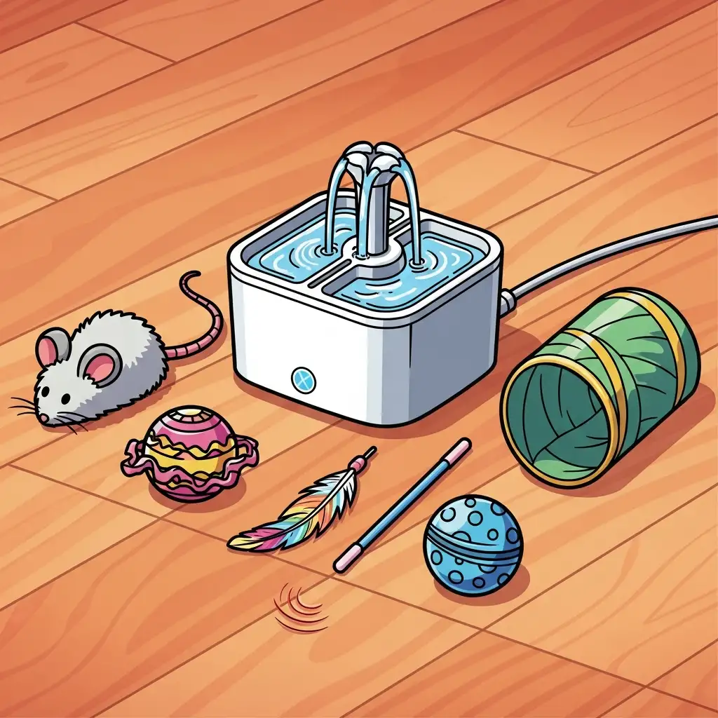 고양이의 건강관리를 위해 준비된 깨끗한 물그릇과 장난감들이 정돈되어 있는 모습입니다.