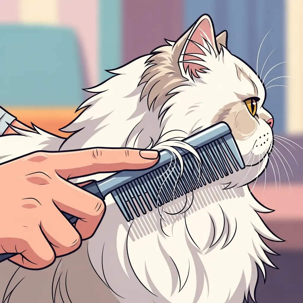 전문가용 빗을 사용하여 장모종 고양이의 털을 정성스럽게 빗어주며 죽은 털을 제거하는 고양이 관리 장면입니다