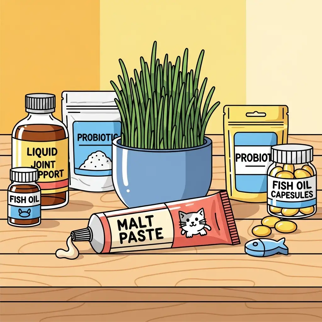 고양이의 소화를 돕고 헤어볼 배출을 원활하게 해주는 영양제와 싱싱한 캣그라스 제품들의 모습입니다