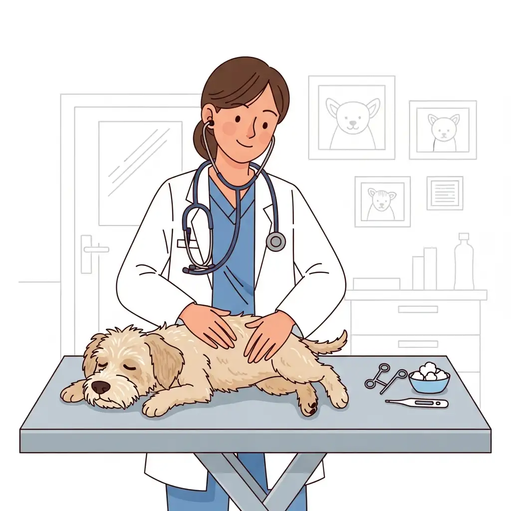 동물병원에서 수의사가 힘이 없는 강아지를 세심하게 진찰하고 있는 모습입니다