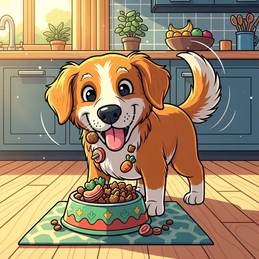 건강을 회복하여 맛있는 사료를 먹고 있는 강아지의 모습으로 식욕 확인의 중요성을 강조합니다