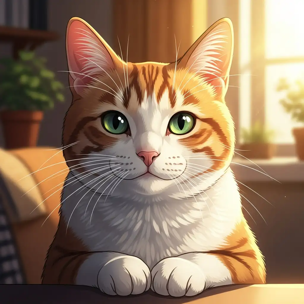 맑고 깨끗한 눈을 가진 고양이가 햇살 아래 평온하게 앉아 있는 모습으로 건강한 안구 상태를 보여줍니다.