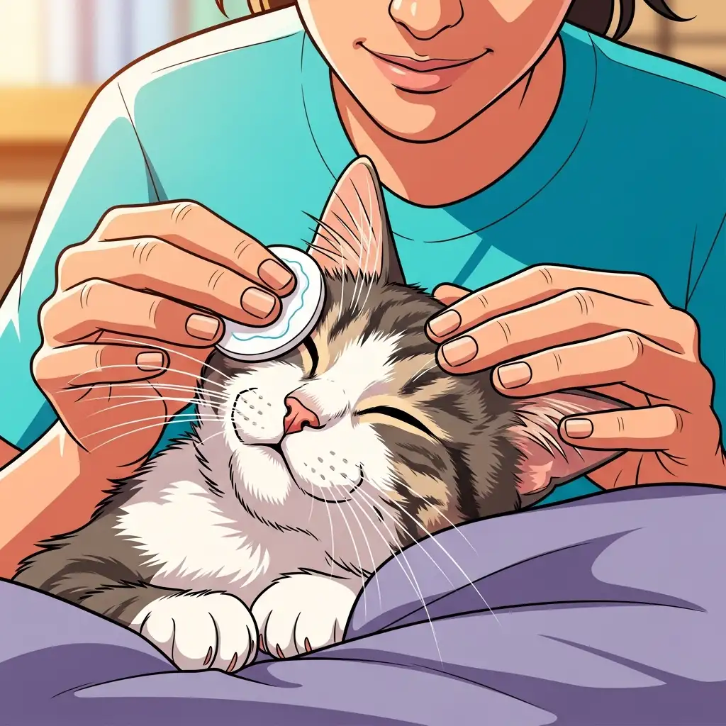 보호자가 부드러운 솜을 사용하여 고양이의 눈 주변을 조심스럽게 닦아주며 안구 청결을 관리하는 모습입니다.