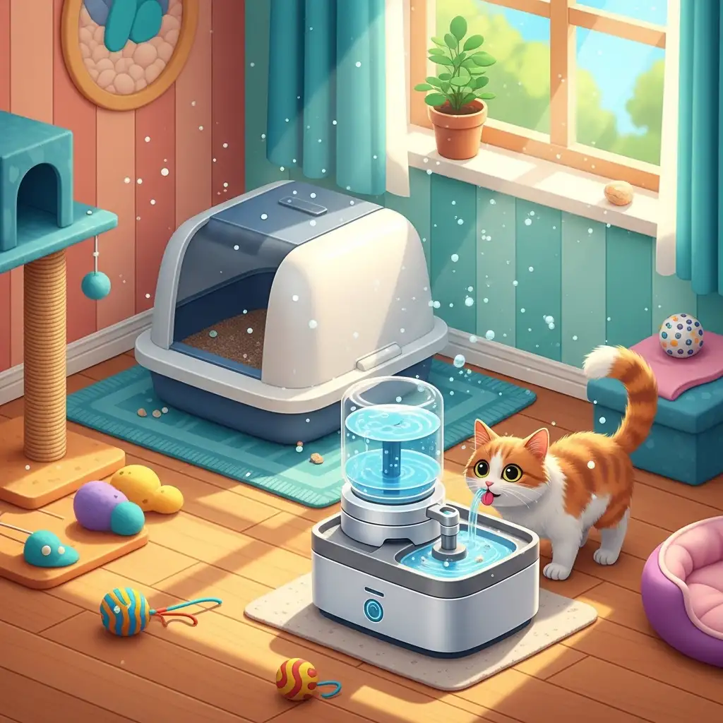 고양이의 안구 건강을 위해 먼지가 없고 청결하게 유지된 고양이의 생활 공간과 화장실 모습입니다.