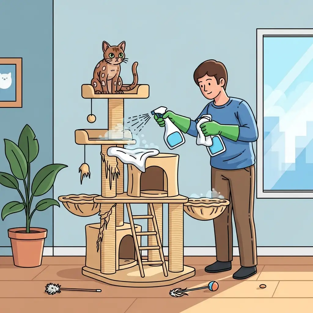 고양이 링웜 포자를 제거하기 위해 캣타워와 주변 환경을 꼼꼼하게 소독하고 청소하는 고양이 피부 관리 과정