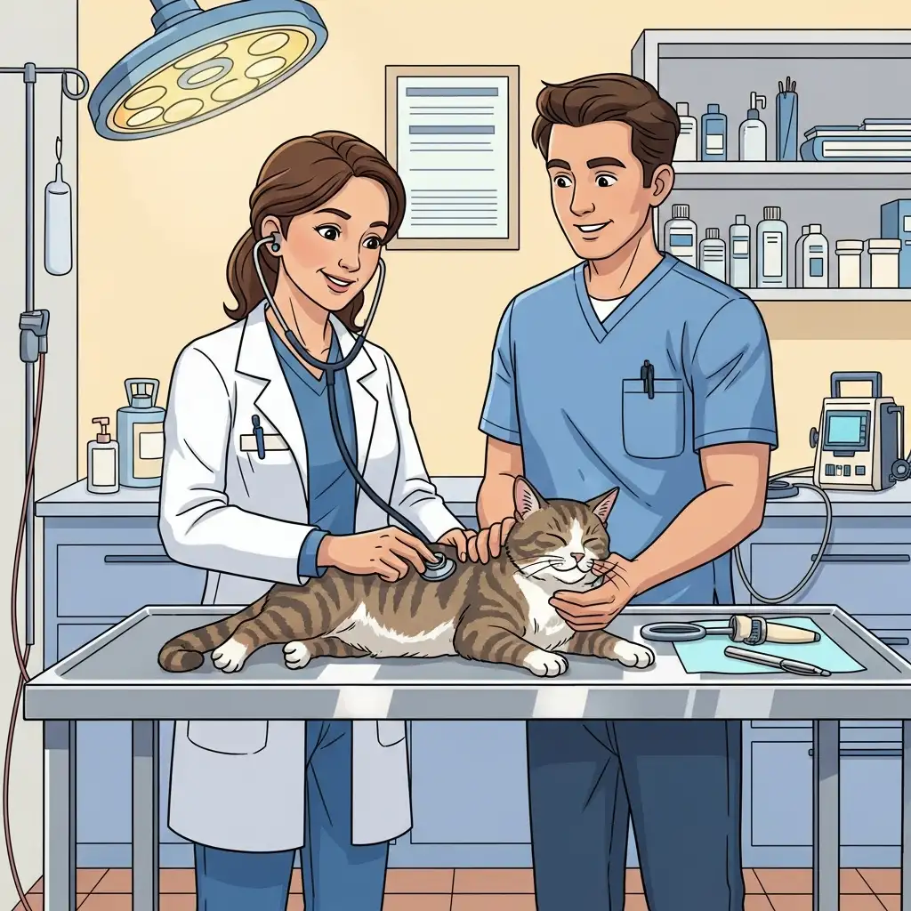 수의사가 노령묘의 상태를 꼼꼼하게 검진하며 고양이 질병 관리를 돕는 전문적인 모습입니다.